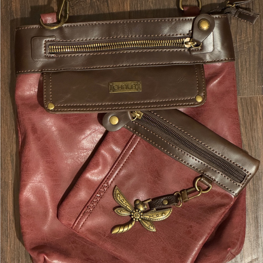 CHALA Gemini Crossbody Two in One Purse - Burgundy with Dragonfly Keychain NWOT